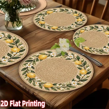 4-Piece 2D Printed Placemats - Imitation Rattan Lemon Flower Round - 15-Inch Polyester Tablecloth, Home Decoration, Festival Use 1