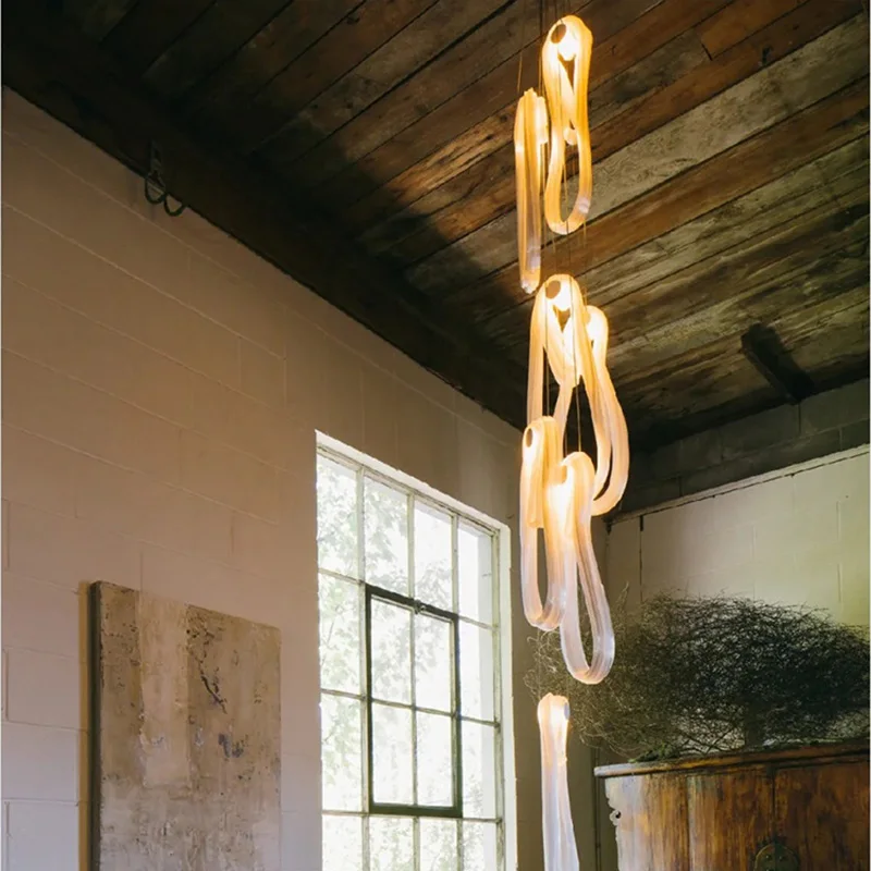 Nordic LED glass ceiling chandelier, ribbon lampshade, suitable for living rooms and stairwells, metallic lustre, dimmable