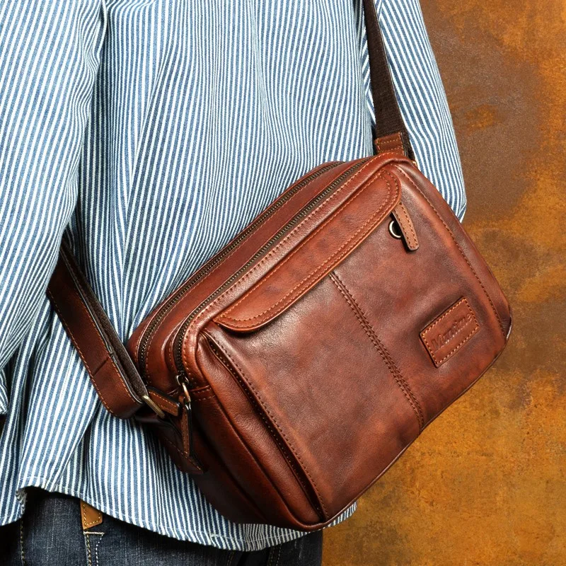 Retro genuine leather crossbody bag for men vegetable tanned cowhide single shoulder bag for casual commuting postman bag.