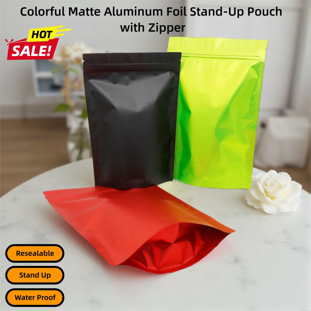 100pcs Premium Colorful Matte Finish Aluminized Foil Stand-Up Pouches - Reusable Zip-lock Bags for Dry Goods, Spices, & Pet Food