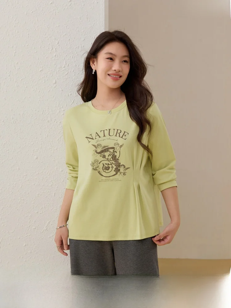 

Casual Long Sve round Ne T-irt Versatile Simple Sle plus Size Women's Spring New Arrival Comfortable Cotton Blend