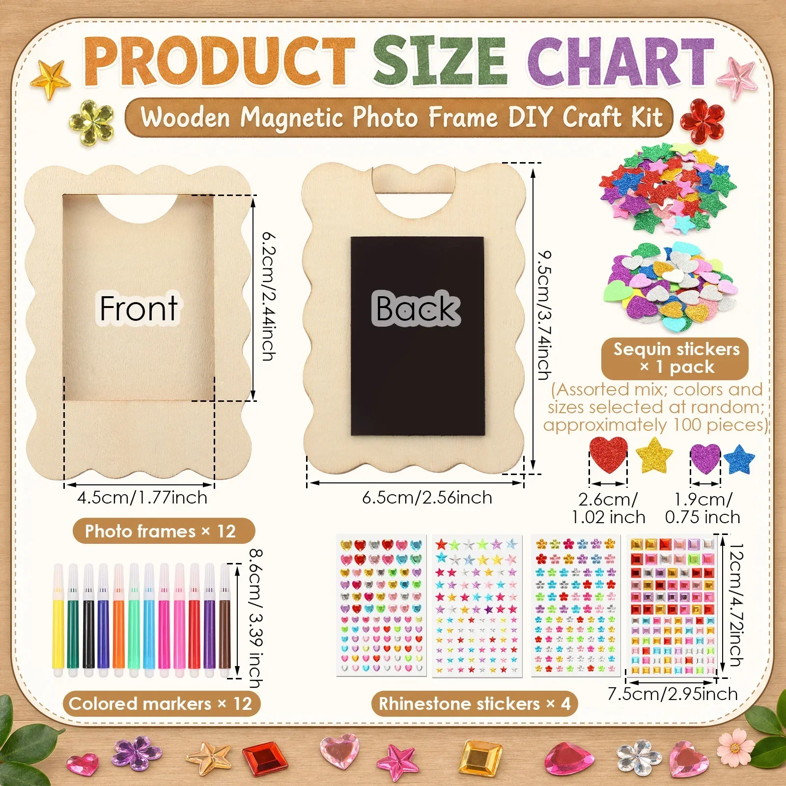 12Pcs DIY Unfinished Wood Photo Frames Kit Mini Blank Magnetic Photo Frame Set with Marker Rhinestone Sticker and Glitter Sequin