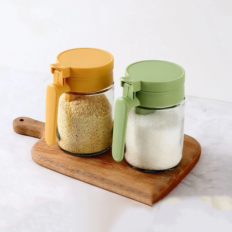 Household Kitchen Moisture-Proof Seasoning Jar Salt Container 2 In 1 Glass Spice Bottle Spoon Separation Glass Seasoning Can
