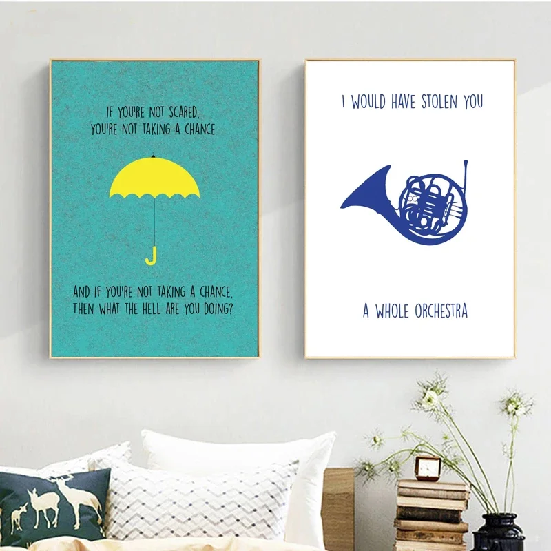1pc Frameless Minimalist Blue How I Met Your Mother TV Poster with Yellow Umbrella  Canvas Wall Art for Home Living Room Decor