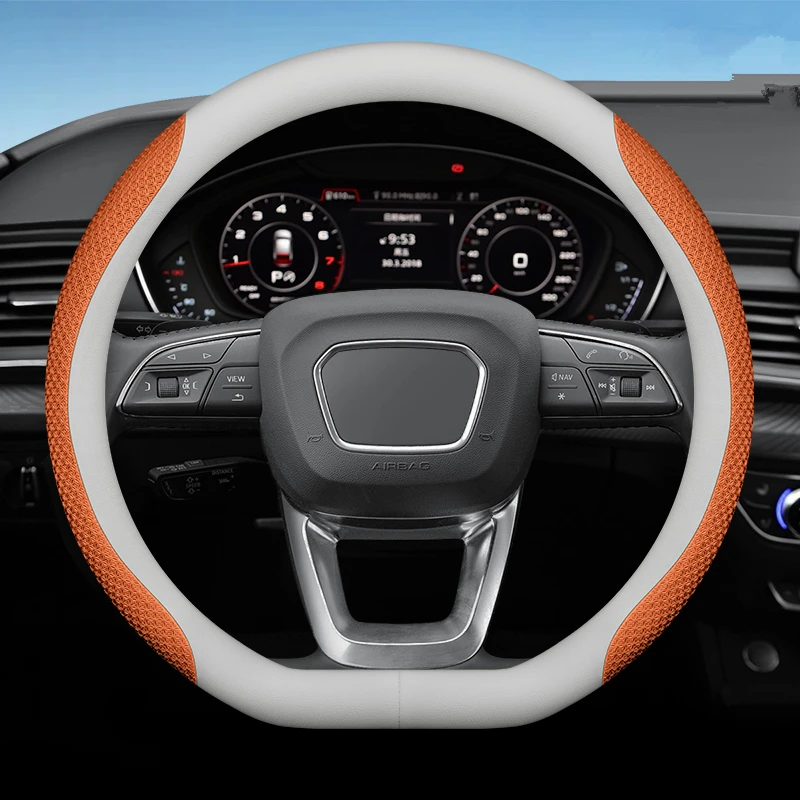 New Universal Car D Type Steering Wheel Cover For 37-38cm15Inch Napa Leather Breathable Car white orang Interior AutoAccessories