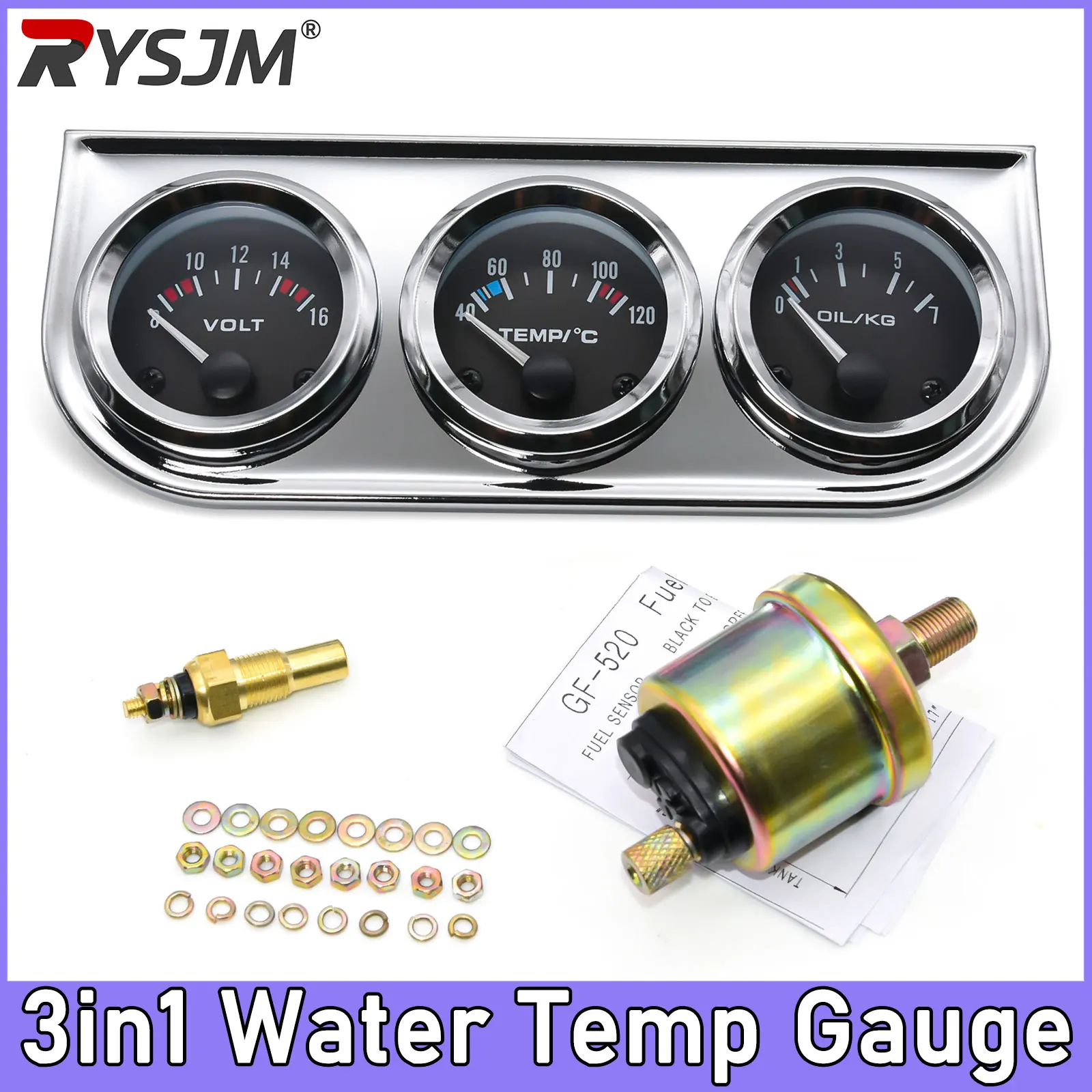 52MM Water Temperature Gauge Celsius Oil Pressure Meter  Voltmeter Chrome 3 in 1 Gauge Kit With Sensor Car Motorcycle Meter