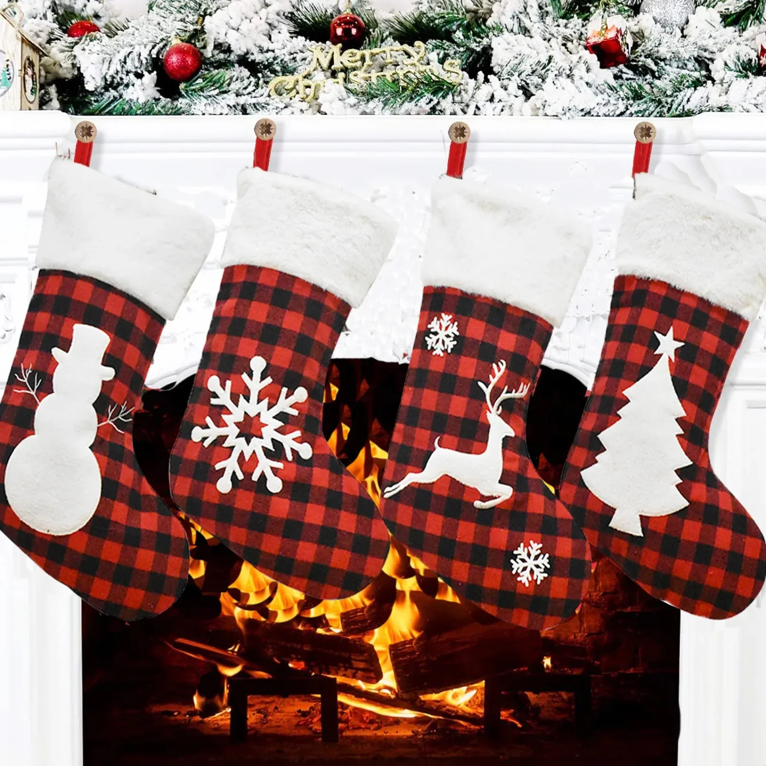 Christmas Stocking Fireplace Decor Christmas Gift Fun Tree Snowflake Red White Plaid Sock Boots Fireplace Home Decoration