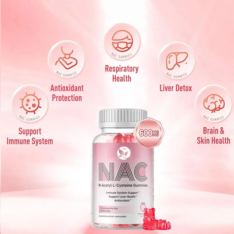 Nac Gummies 600 mg, suplementos de acetilcisteina para antioxidantes y apoyo inmunológico, salud de las pulpos y el hígado, sabor natural de fresa