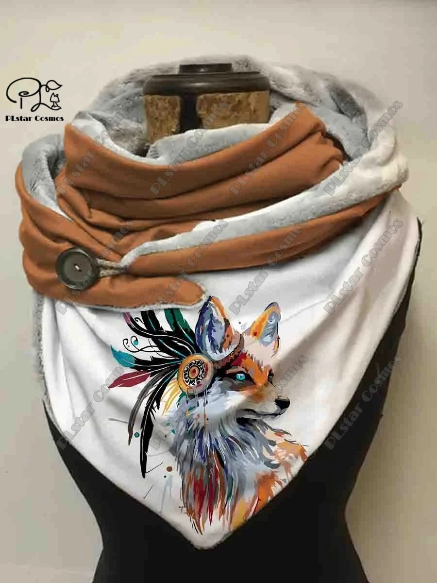 3D printing animal series cute fox fallen leaves snowflake pattern women\'s warm shawl spring and winter small triangle scarf H-4