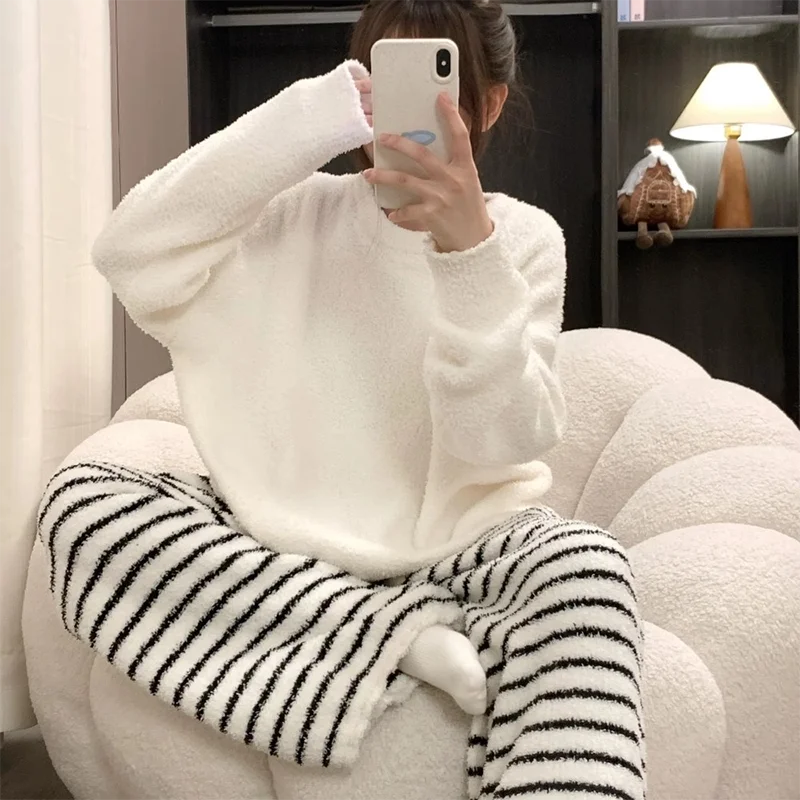 

Winter Long Sleeve Thick Warm Flannel Pajama Sets for Women Korean Casual Striped Coral Fleece Sleepwear Homewear Home Clothes