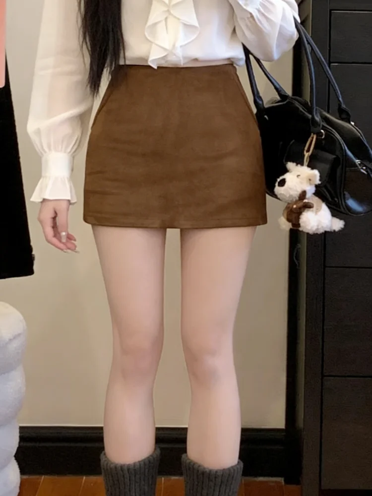 

Low Waist Suede Skirt Women's Thiened Winter Faion Korean Sle Anti-Light Walking Skirt Bodycon f-length Skirt