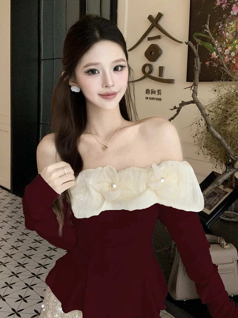 تي شيرت Ele Floral One-oulder بقصة ضيقة طويلة Sve Sweet Base تي شيرت Sli Top لموسم الخريف للسيدات Faion