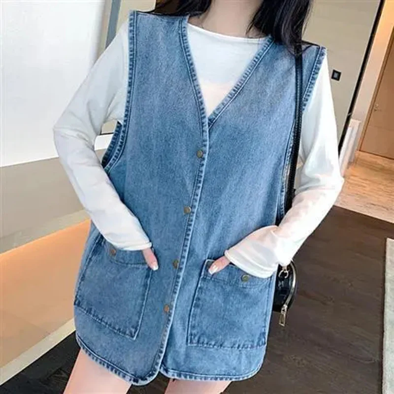 

2023New Denim Vest Women Spring Autumn Sleeveles Mid-Length Jean Cardigan Coat Female Jeans Waistcoat Casual Outerwear Lady Tops