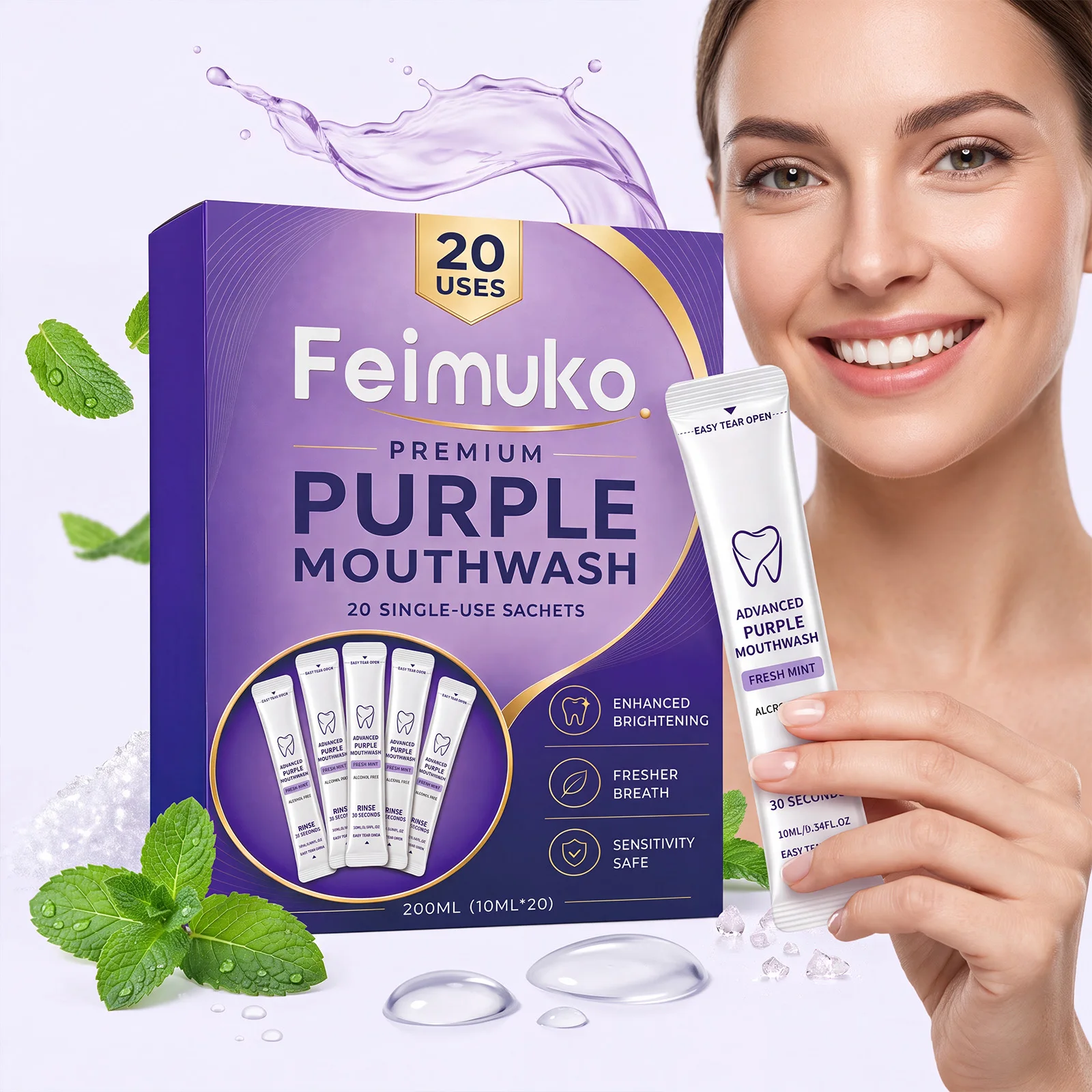 Bain de bouche rafraîchissant violet : Nettoie les résidus buccaux, rafraîchit l'haleine et offre des soins bucco-dentaires quotidiens confortables