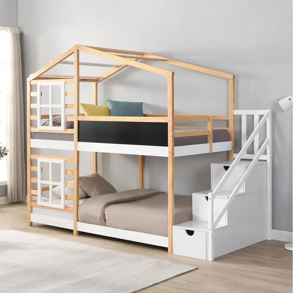 

Twin-Over-Twin Bunk Bed with Stairs, Room, Windows, and Chalkboard, No Box Spring, White & Natural