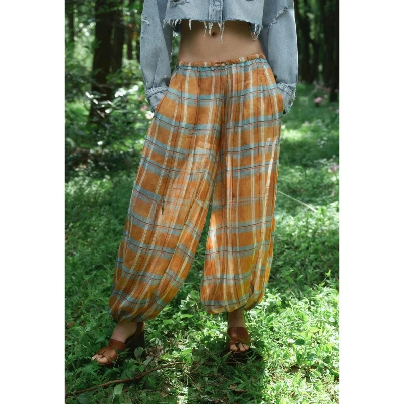 가을 겨울 신상 여성 캐주얼 스타일 린넨 혼방 체크 무늬 미디 허리 퍼프 팬츠 하이웨이스트 엘라스틱 폴리에스터 섬유 여성용