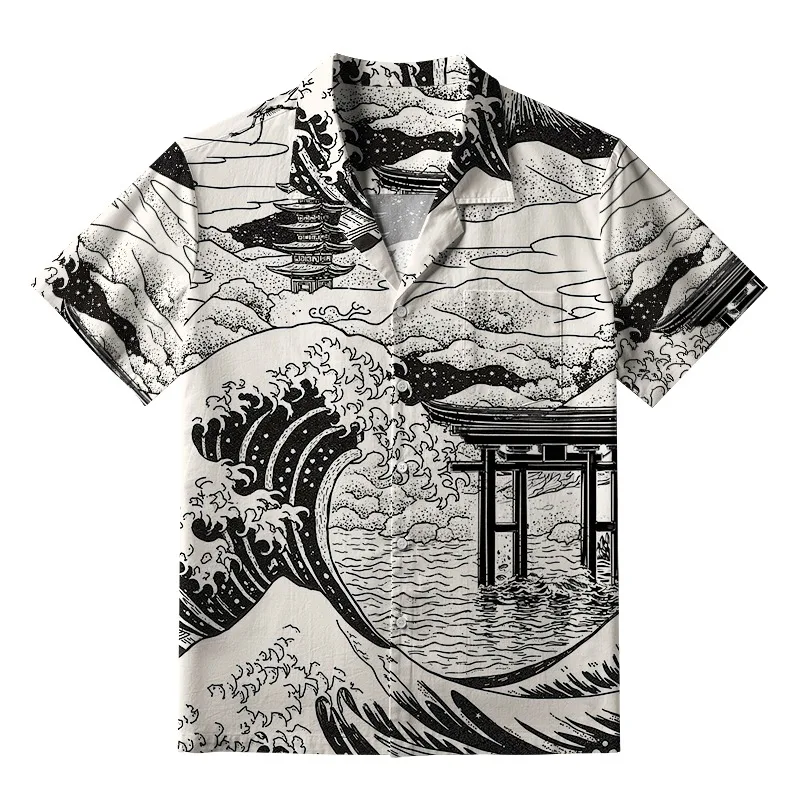 

Aloha Hawaiian Shirt Fashion The Great Wave Off Fuji Printing Single Breast Blouse Men's Summer Outdoor Parties & Festivals Tops