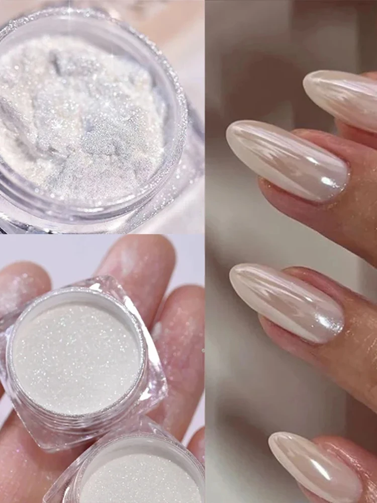 Puder do paznokci Aurora Pearl White, brokatowy, efekt księżycowego blasku, pigment muszlowy do nakładania, dekoracje do paznokci. — zdjęcie 2