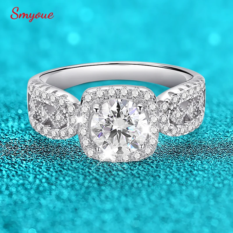 Smyoue Certified 1CT 6.5mm Moissanite Rings for Women Classic Square Lab Diamond Wedding Bride Jewelry 925 Sterling Silver Band