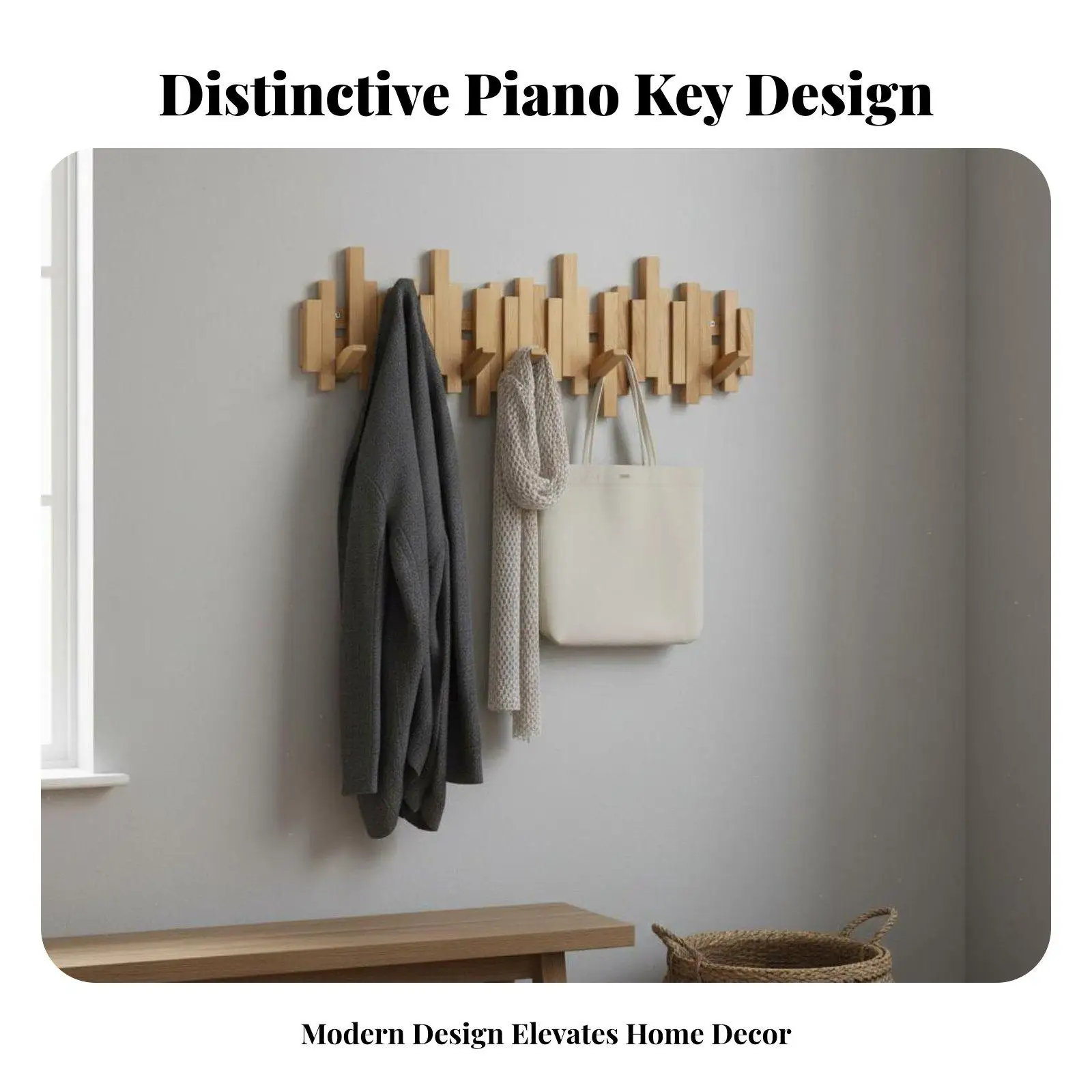 Piano Key Coat Rack No-Tools-Needed Installation Piano Key Wall Hanger Space Saving Solid Wood Hat Rack for Behind the Door,