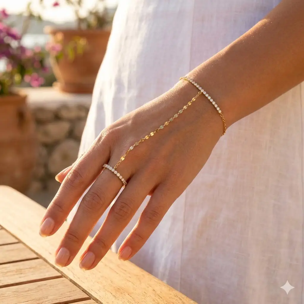 Pulsera Bohemia con Cuentas, Chapada en Oro de 18K, Acero Inoxidable, Resistente al Agua, Cadena de Mano con Anillo para el Dedo, Joyería para Mujer