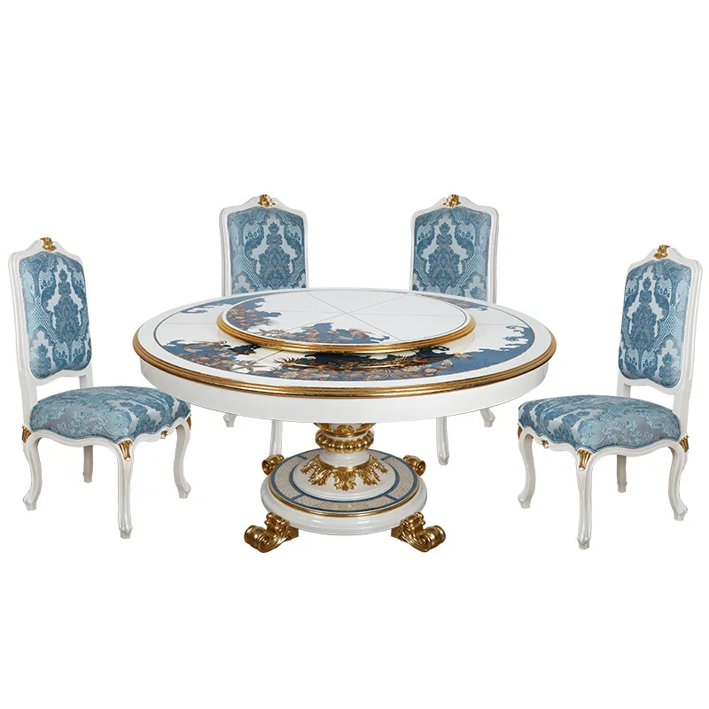 Luxury European solid wood carving flower table top inlaid shell art parquet round dining table and chairs