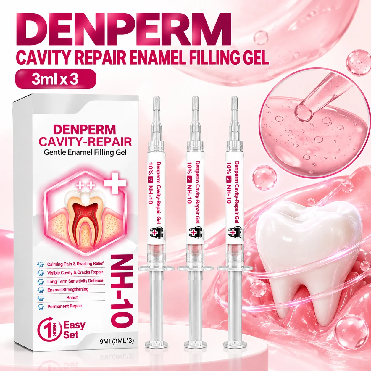 DENPERM NH-10 Cavity Repair Enamel Filling Gel 3ml x 3 Syringes Teeth Protection Gentle Formula Enamel Strengthening Oral Care