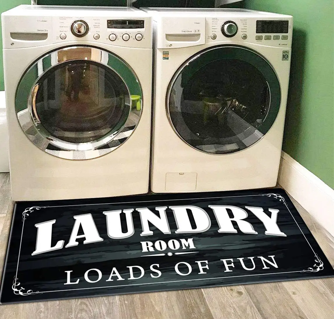 Laundry Room Mat Black Background Bold White Text Loads of Fun for Utility Space