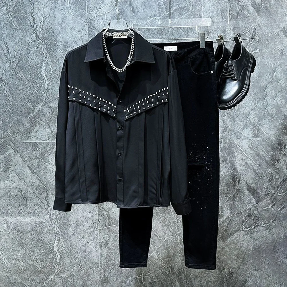 

New Men's Korean Style Long Sleeve Shirt Rivet Design Retro Luxury Fashion Punk Street Trend All-match Party Gathering Men Tops