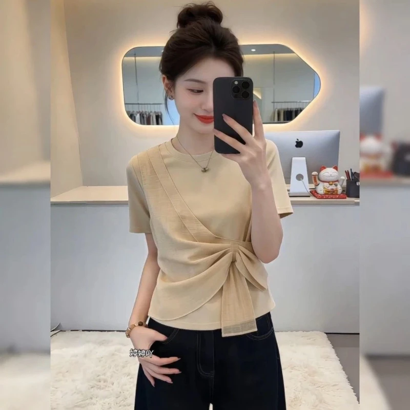 Irregular Bow Patchwork Solid Two Temperament Tops Women Clothing New Short Sleeve Office T Shirts Elegant Fashion Summer