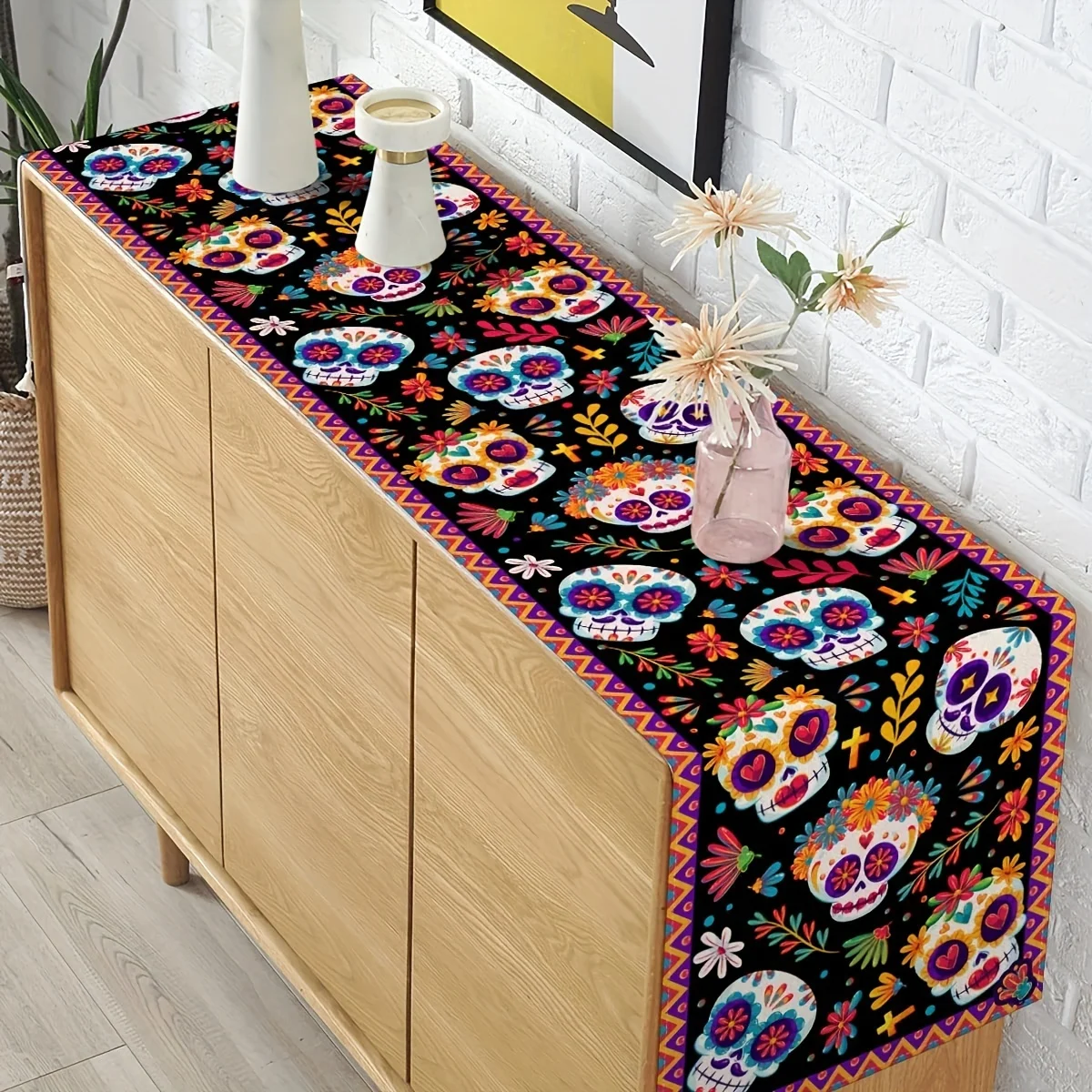 1 Juego de camino de mesa de decoración de Halloween, mantel mexicano del Día de los muertos, camino de mesa fantasma, accesorios de mesa de Halloween