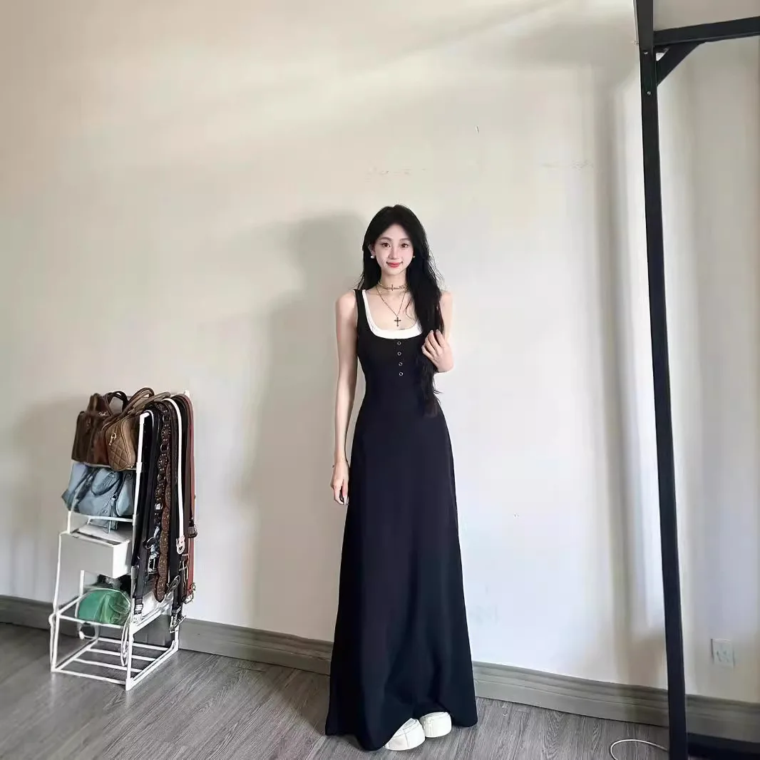 

2025 A-word Long Skirt Black Sleeveless Suspender Vest Dress