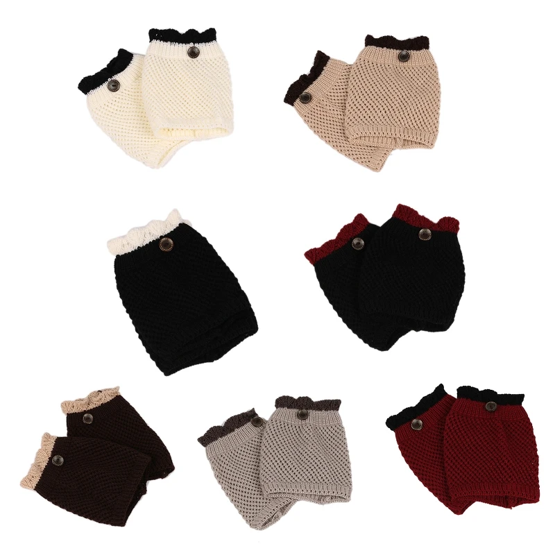 Women Winter Chunky Crochet Knit Leg Warmers Contrast Color Ruffled Trim Button Boot Cuffs Cover Ankle Socks