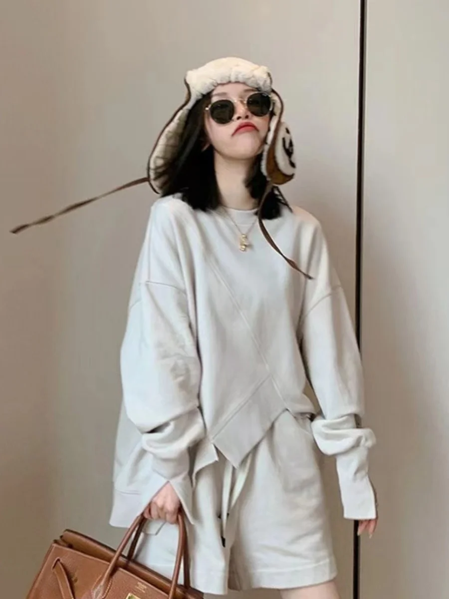 

plus Size Women's Casual Sportswear Hoodie And ort Pants Set High Waist Irregular Design Spring Autumn Faionable Two-Piec...