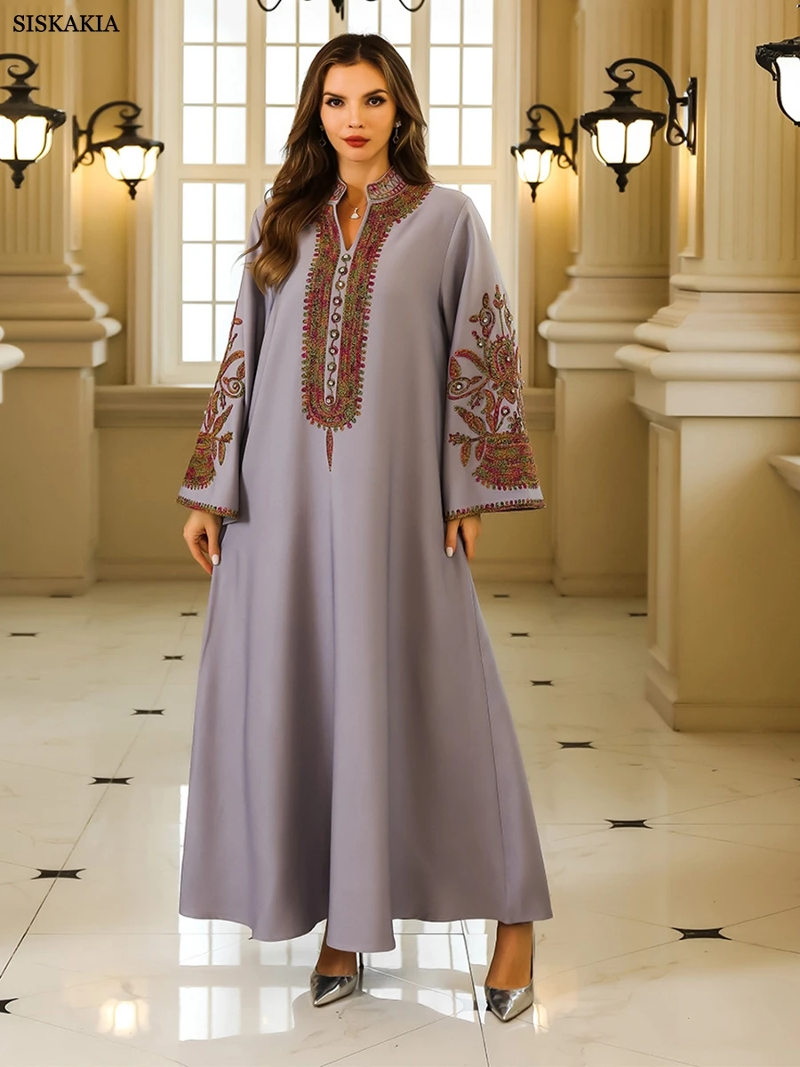 Siskakia Fashion Muslim Dubai Woman’s abayas Embroidery V-Neck Long Dresses Moroccan Islamic Robe Turkish Bandana Arab Clothing