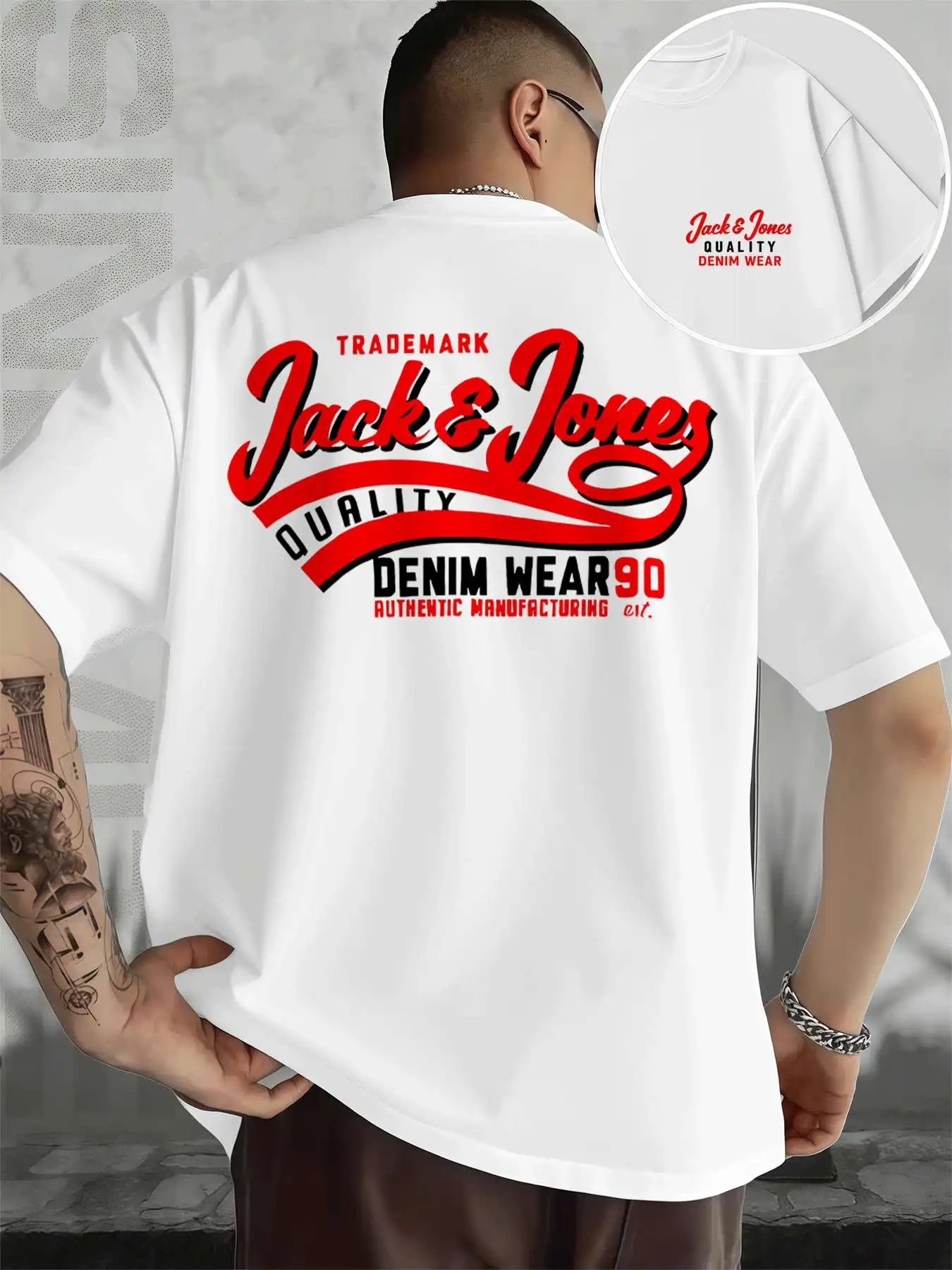 

Men's Tshirt Graphic Tee Denim Men's Double-Sided printed Fashionable Casual Crew Neck 220gsm Pure Cotton T-Shirt