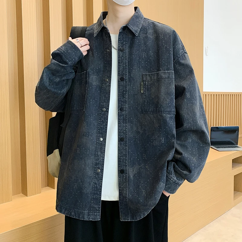 

Retro Heavy Du Men's Long Sve Denim irt Collared Jaet Spring Autumn Workwear Sle Faion Urban Cotton Pure Menswear