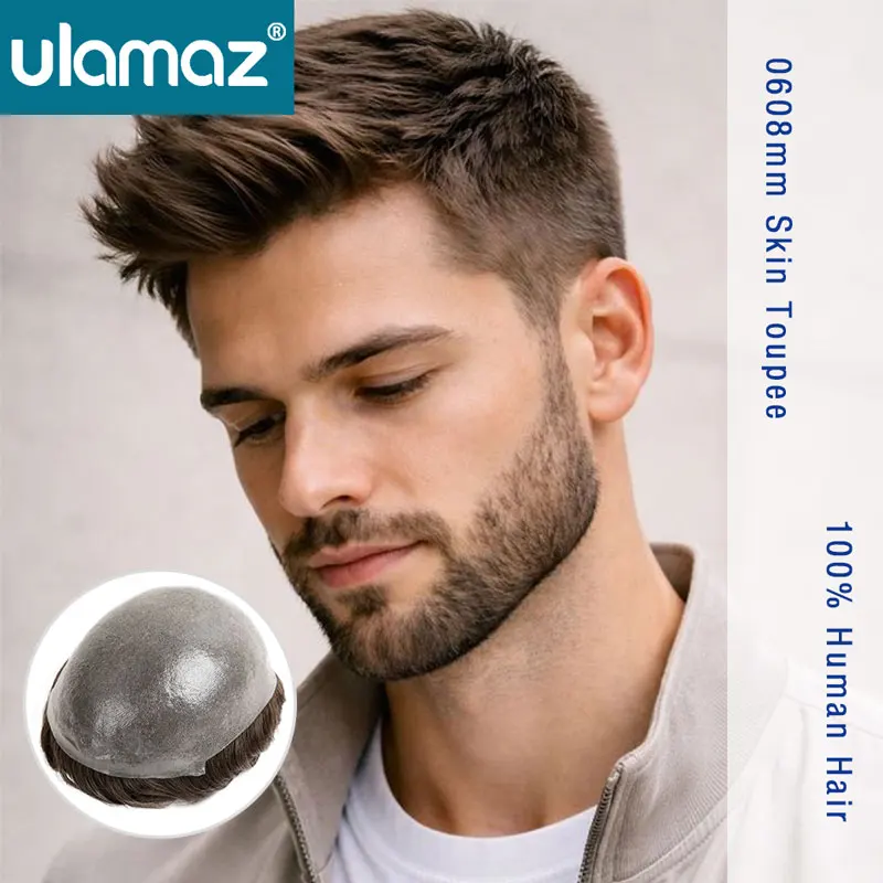 Natural Hairline Male Hair Prosthesis 0.06-0.08mm Skin Wig Human Hair Men's Wigs Thin Skin Hair System Man Knotted Wigs For Man