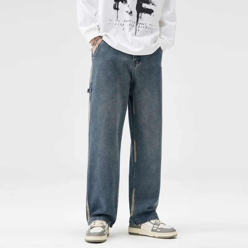 جينز رجالي خريف وشتاء 2025 موضة جديدة للرجال N فضفاض مستقيم ريترو جينز رجالي سراويل طويلة