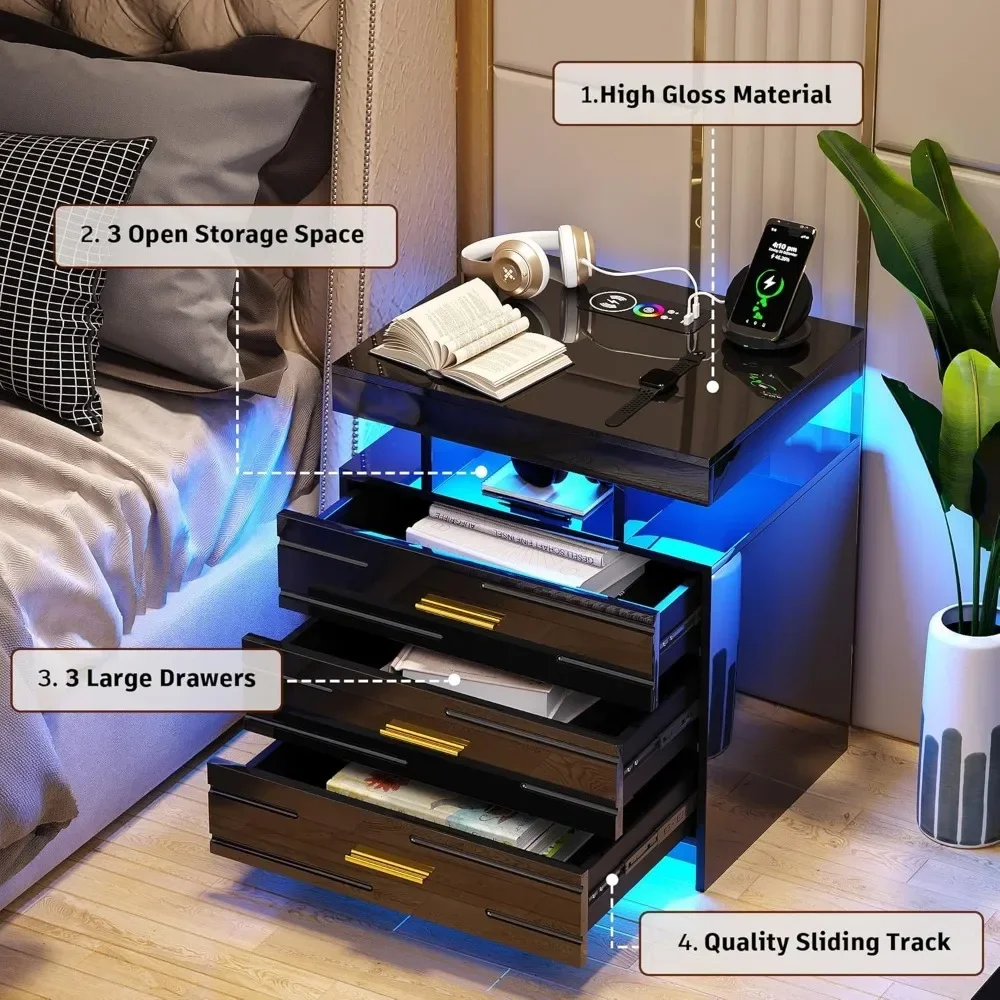 Nightstand Set of 2, Wireless Charging Station, High Gloss Tables with 3 Drawers, Motion Sensor Light, Modern LED Night Stands