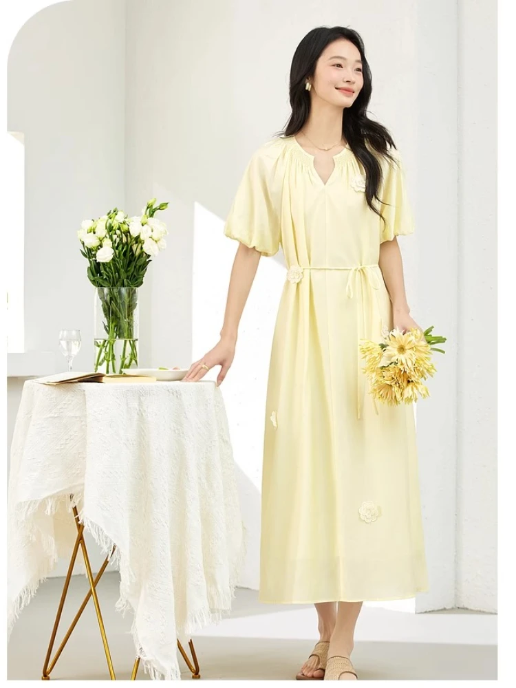 

VIMLY Midi Dress Woman Summer 2025 Flora Ladies Elegant Puff Sleeve Yellow Sweet O-neck A-line Dresses Clothing Female A1877