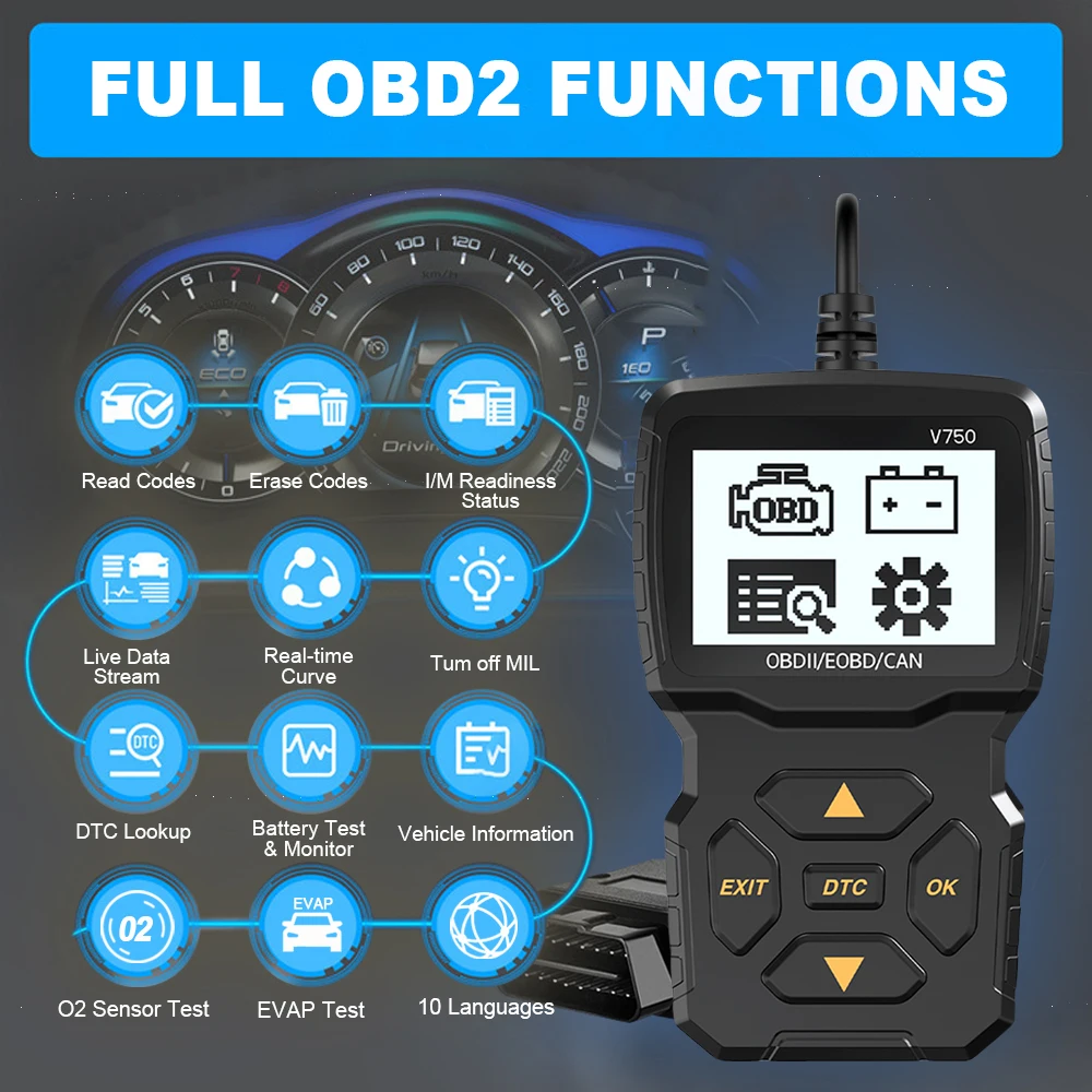 Car Diagnostic Tool Read Vehicle Information Check Engine System Code Reader Multi-language OBD2 Scanner V750 Battery Tester