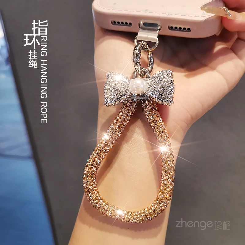 

Girly Bling Rhinestone Bow Wrist Chain, Pearl Decor Portable Anti-lost Phone Lanyard