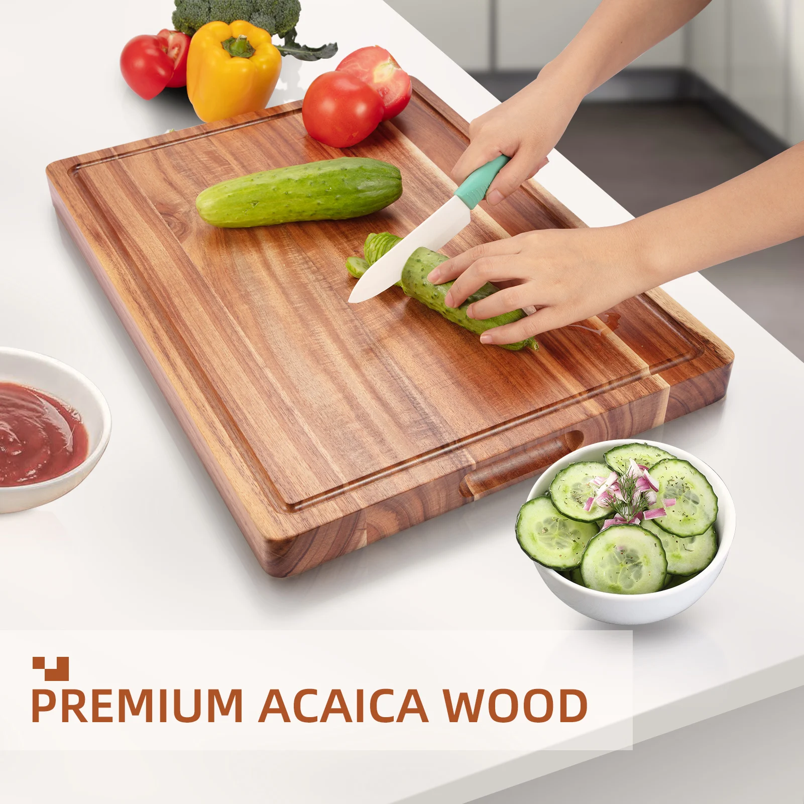 Acacia Wood Cutting Board for Kitchen- Large Wooden Chopping Board with Deep Juice Grooves and Handles for Meat Vegetables