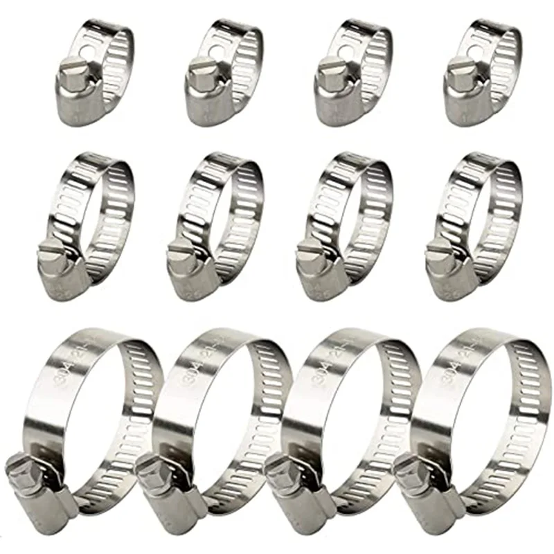 12pcs  professional hose clamps with worm drive, stainless steel hose clamps (10-16mm, 16-25mm, 21-44mm)