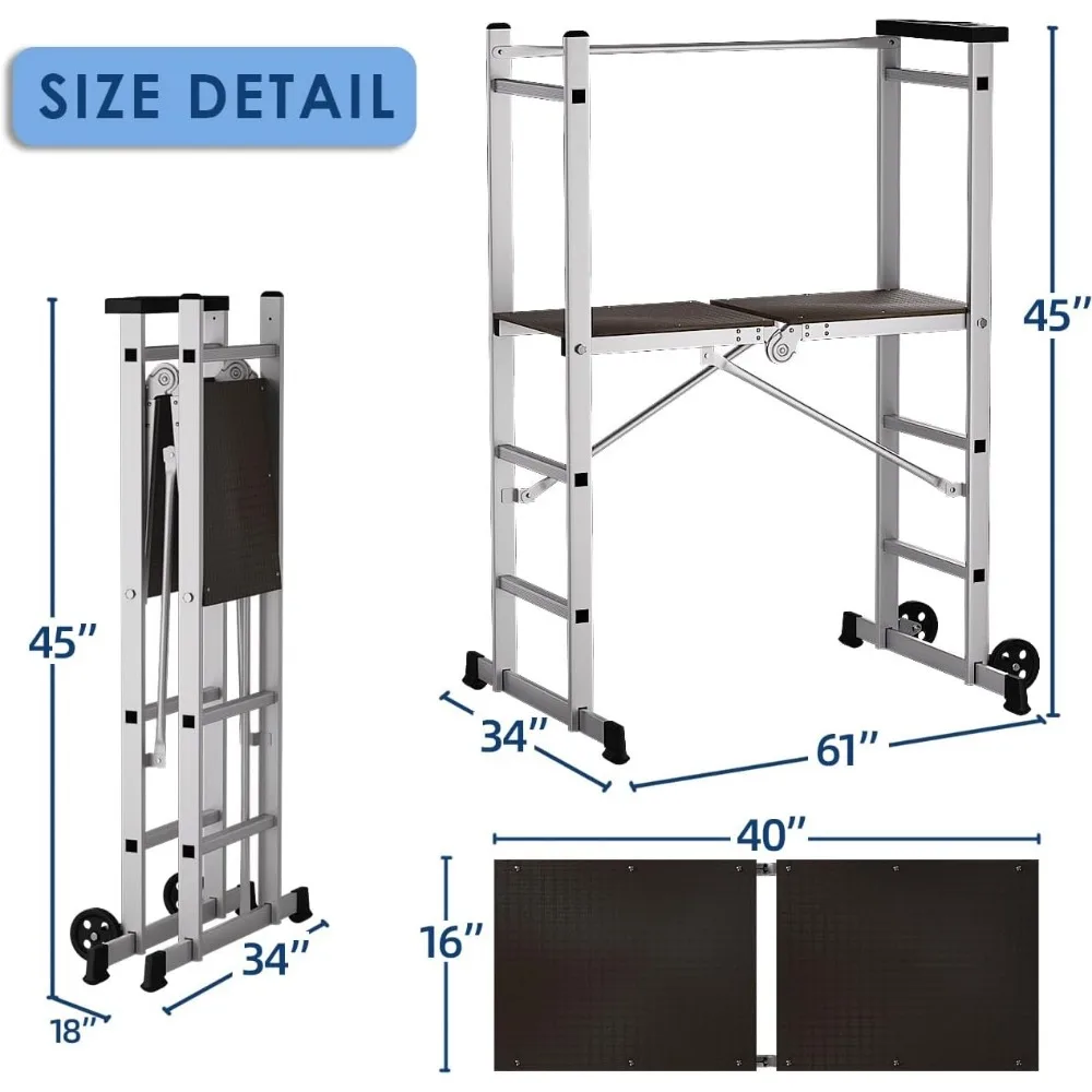 Foldable Aluminum Scaffolding, Portable Scaffolding Ladder, Rolling Scaffolding Work Platform,  Ladder Stool Work Bench,