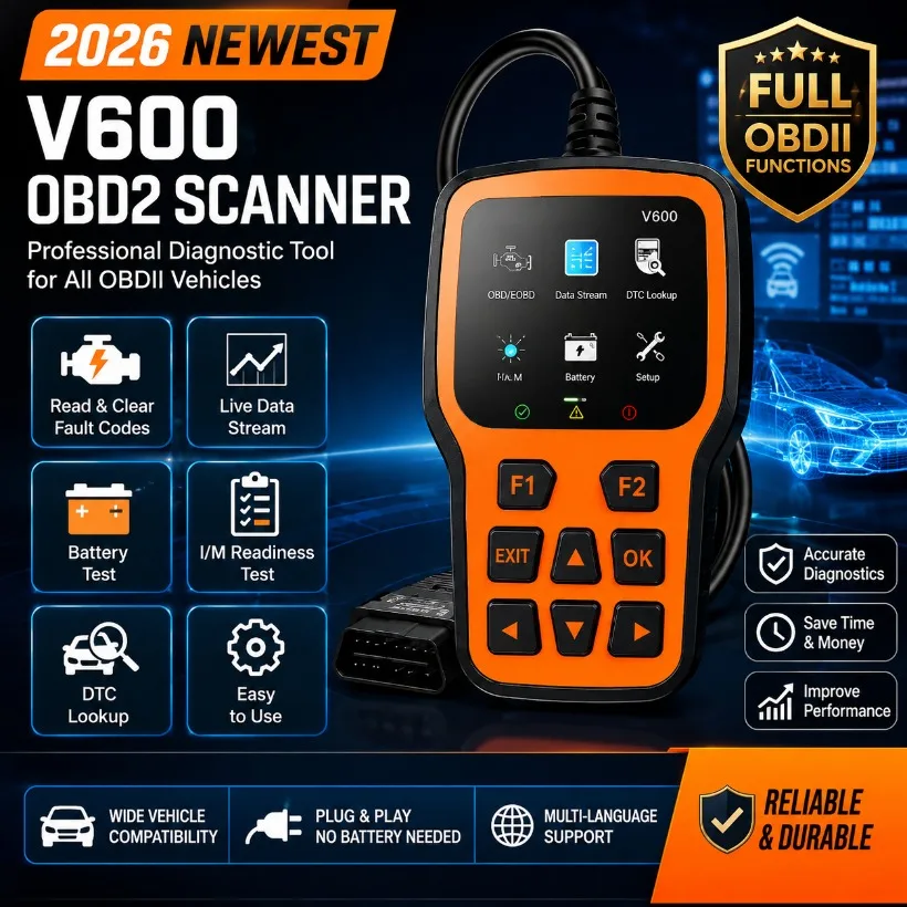 Novo Scanner Automotivo V600 OBD2 2026: Ferramenta de Diagnóstico de Carros, Leitor de Código de Falha do Motor, Dados em Tempo Real e Teste de Tensão da Bateria para Veículos OBDII
