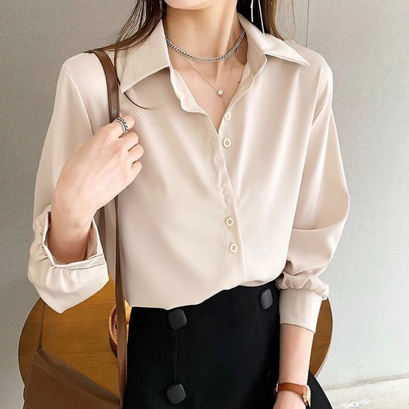 

Office Shirt Ladies Spring Summer Solid Color Single Breasted Shirts Women Korean Fashion Loose Lapel Long Sleeve Blouse Woman