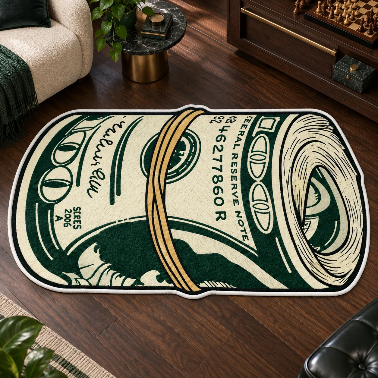 Rolled Money Shaped Area Rug, Retro Banknote Floor Mat for Home Office Living Room Man Cave, Bold Novelty Home Decor Gift