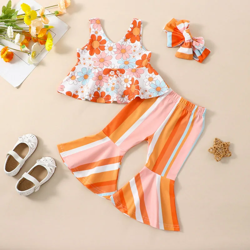 2023-02-20 Lioraitiin 0-5Years Kids Girls 3Pcs Summer Clothes Set Floral Sleeveless Tank Rainbow Striped Flared Pants Headband